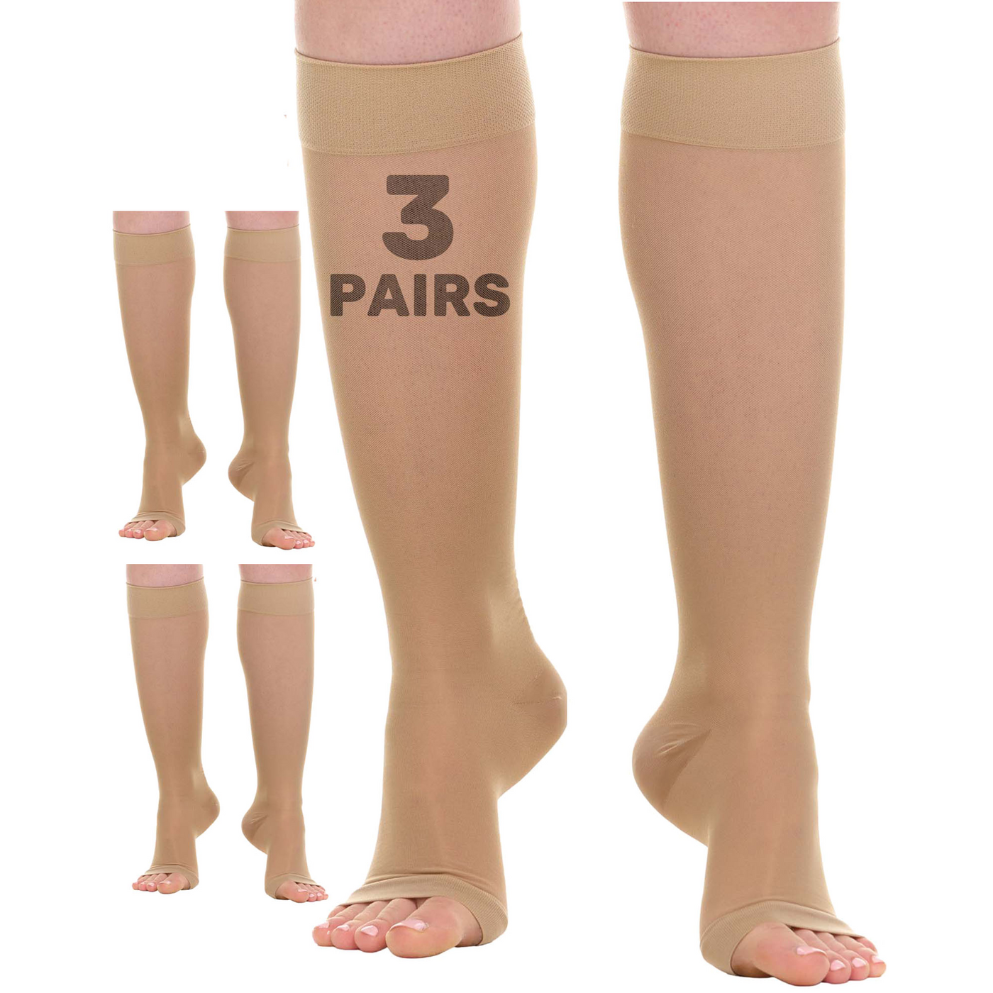 Open Toe Sheer Compression Knee High for Women 15-20mmHg 3-Pack, A413